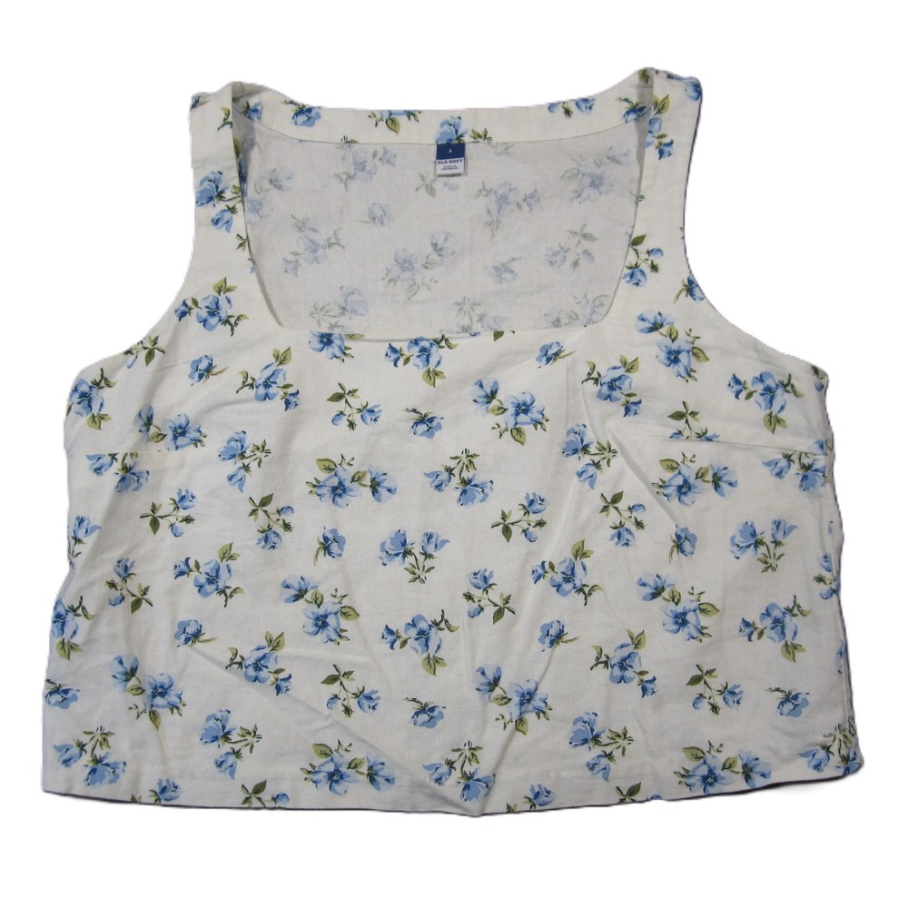 Old Navy Tank Top L White Blue Floral Linen Crop Square Neck Prairie Cottagecore